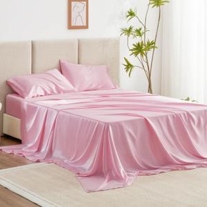 Love's cabin 4Piece California King Satin Bed Linen Set, Pink Silky Satin Sheets, Deep Pocket, Luxury Silk Feel, 1 Flat, 1 Fitted Sheet, 2 Pillow Cases