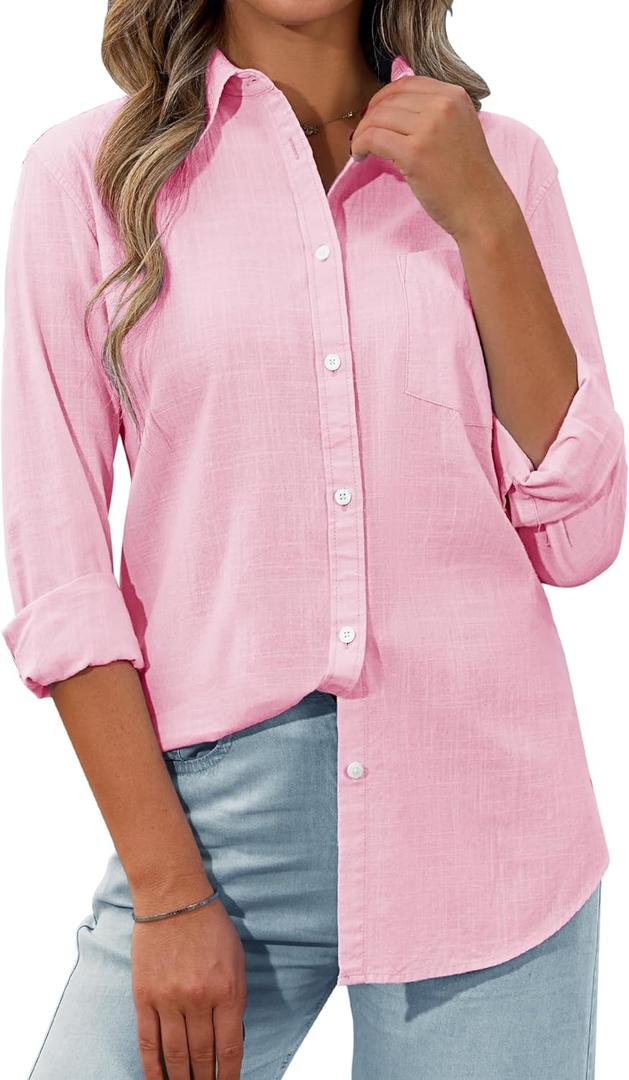 siliteelon Womens Button Down Shirt Linen Button Up Shirts for Women Long Sleeve Summer Shirt Collared Blouse Linen Tops (X-Large, Pink)