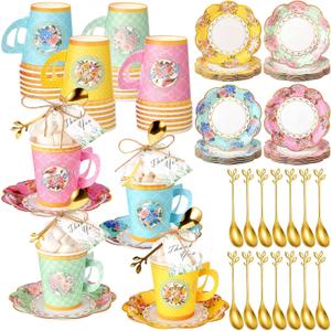 125 Pcs Tea Party Favors Set Floral Paper Teacups with Saucers, Vintage Style Tea Spoons, Disposable Spring Party Supplies for Hot or Cold Drinks, Ideal for Birthday Baby Shower Bridal