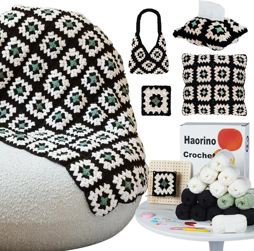 Haorino Crochet Kit for Beginners  Crochet Blanket Kit with a Crochet Blocking Board, Yarns, Tools, Video Tutorials | Granny Square Blanket for Adults| DIY Gift for Craft Lovers