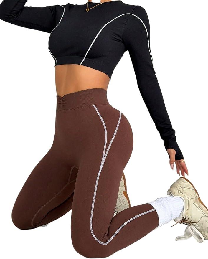 Contrast Stitching High Waist Seamless Sports Leggings, Size S