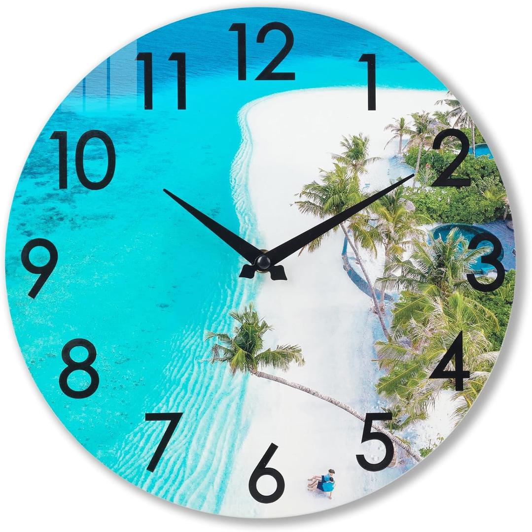 14 Inch Large Outdoor Clock Waterproof, Beach Coastal Nautical Indoor Outdoor Wall Clocks for Pool Patio Garden Bathroom Decor- Blue,Tempered Glass