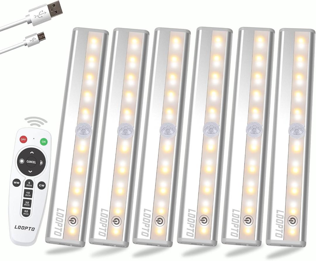 LDOPTO Under Cabinet Wireless LED Lights, 6 Pack Rechargeable Battery Operated, Dimmable, Remote Control, Stick On Night Lights for Kitchen, Pantry, Stairs, Hallway, 3 Colors