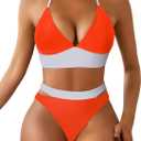 Women's Color Matching Sexy Two-Piece Swimsuit, Waist Cutout Bikini Set (Orange+white)