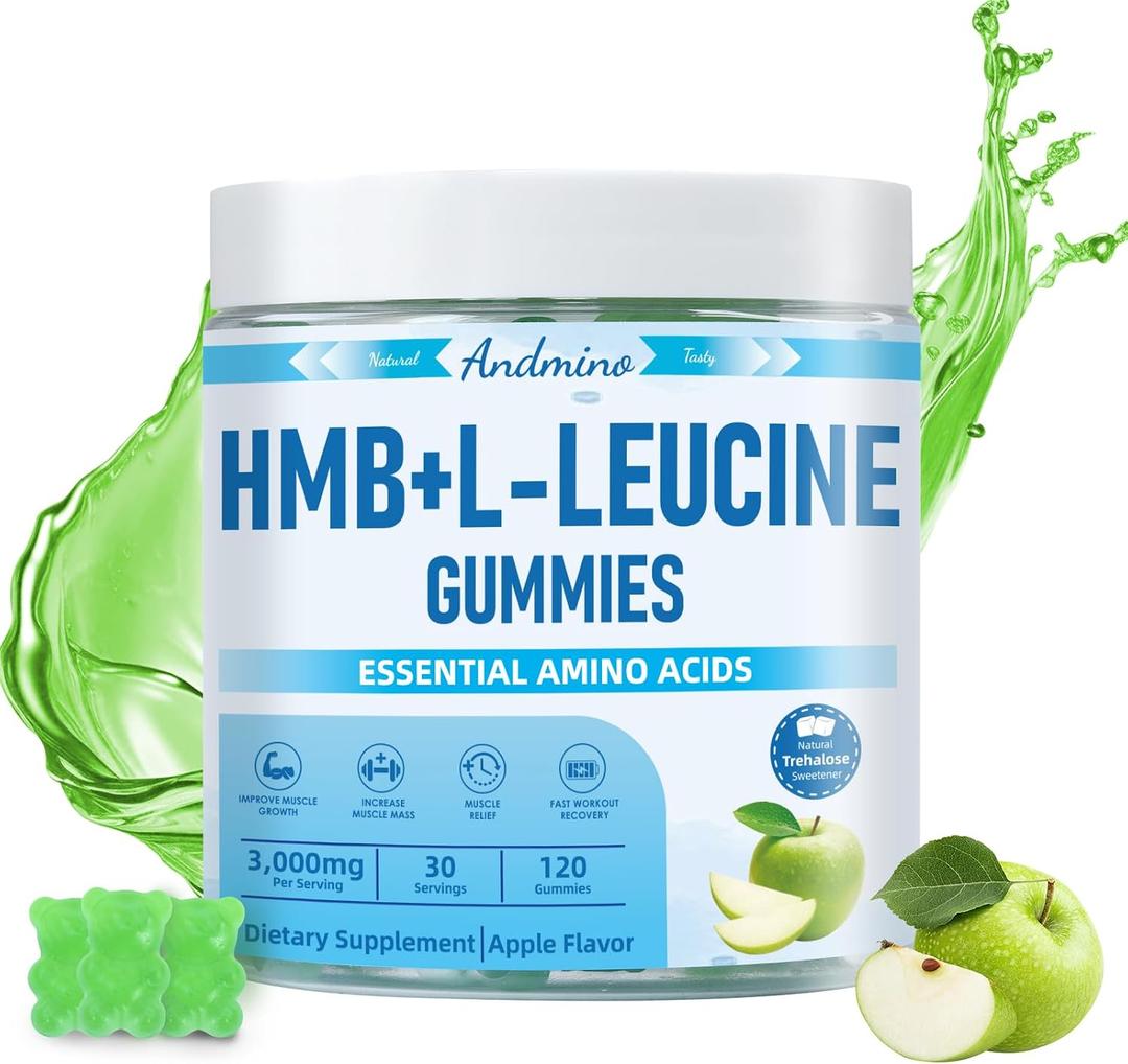 HMB and L-Leucine Gummies, 3000mg, with Trehalose, for Muscle Growth, Muscle Relief and Workout Recovery, for Adults & Elder, Vegan, Gluten Free, Apple Flavor, 120