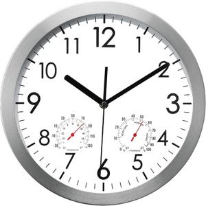 WOOPHEN 12 Inch Wall Clock with Temperature and Humidity, Battery Operated Non Ticking Silent Metal Frame Wall Clocks for Office, Home, Bathroom, Kitchen, Bedroom, School, Living Room(Silver)