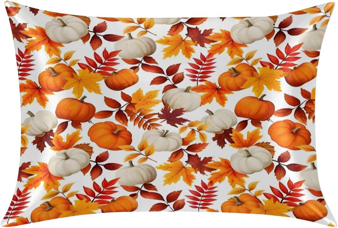 Satin Pillowcase for Hair and Skin, Pumpkin Marble Leaf Silk Pillow Case Queen Size Silky Pillowcases with Zipper Cooling Pillow Cover (20x30 Inches)
