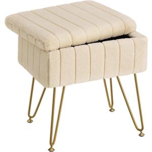 Greenstell Vanity Stool Chair Faux Fur with Storage, 15.7"L x 11.8"W x 19.4"H Soft Ottoman 4 Metal Legs with Anti-Slip Feet, Furry Padded Seat, Modern Multifunctional Chairs for Makeup, Bedroom,Camel