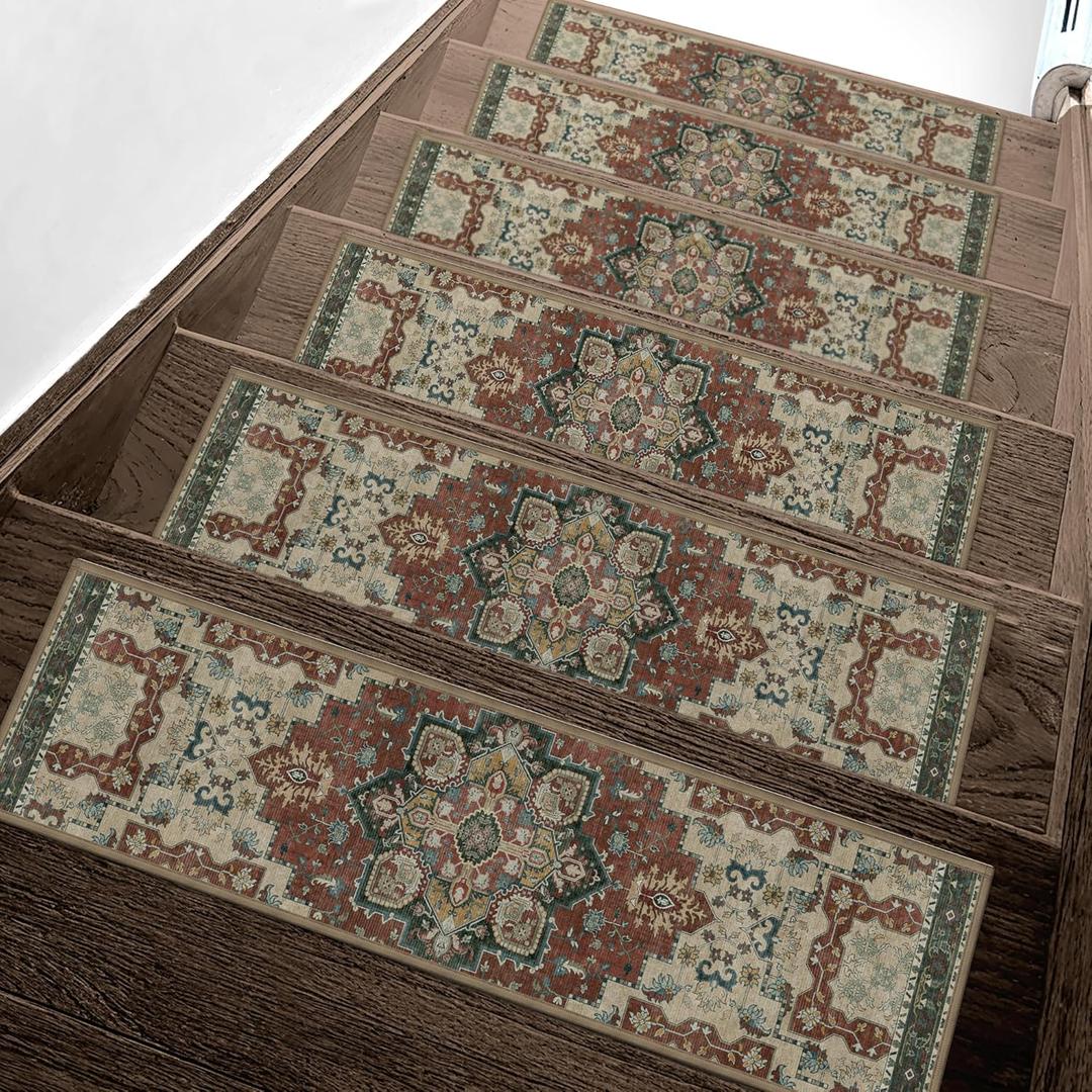 Non Slip Stair Treads for Wooden Steps 15PCS - 8"x30" Indoor Safety Carpet, Edging Mats with TPE Adhesive Backing, Pet and Elderly Friendly Stair Rugs (Annatto)