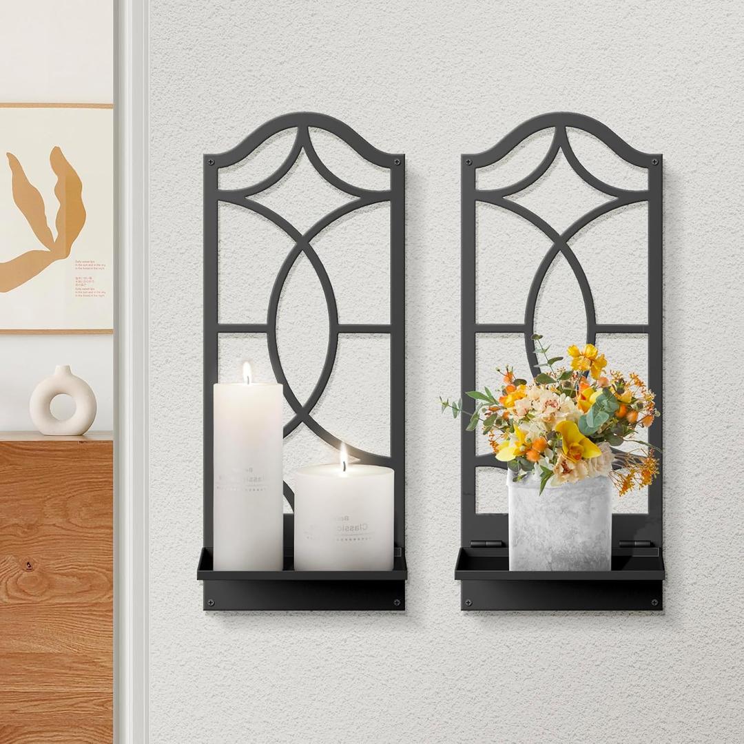 Candle Wall Sconces Set of 2, Black Metal Wall Art Decor for Living Room, Dining Room, Bedroom, Bathroom (16.5 x 7 in)