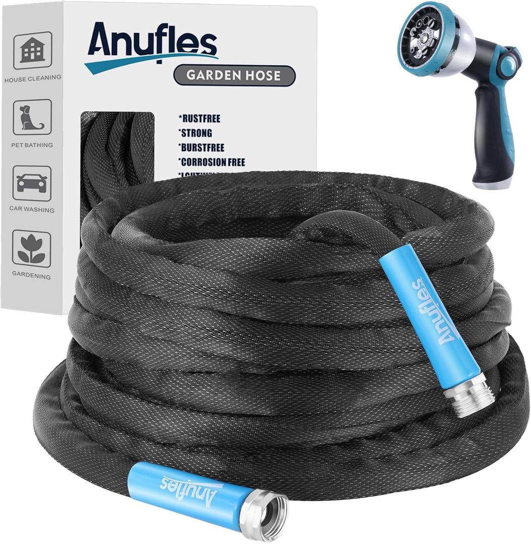Aunfles 50FT Garden Hose - Flexible Water Hose with 10 Spray Nozzle, Lightweight Design, Easy Storage, Leak-Proof, Compact, Portable, Car Wash for Yard (Black)