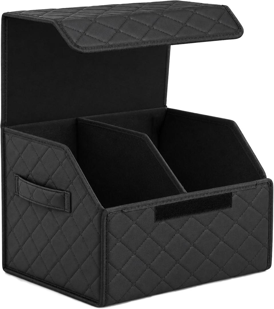 Leather Car Trunk Organizer with Lid,65L Foldable Storage Box for Universal Cars, SUVs, Sedans and MPVs, Removable Divider, Carry Handles, Black