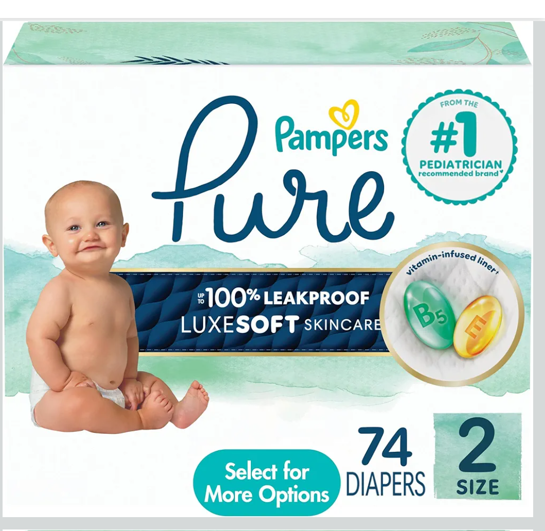 Pampers Pure Baby Diapers, Size 2, Up to 100% Leakproof, Premium Hypoallergenic Soft Diapers, 1 Pack (Count of 74)