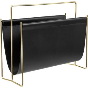 MyGift 15-Inch Modern Black Leatherette & Brass Plated Metal Magazine Holder Floor Standing Faux Leather Sling Style Newspaper Rack for Home, Bathroom, Office Decor