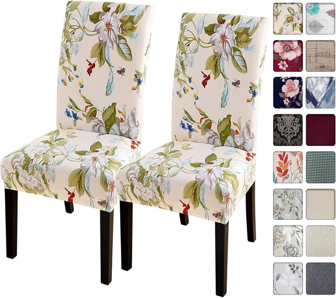 SearchI Dining Room Chair Covers Slipcovers Set of 2, Spandex Super Fit Stretch Removable Washable Kitchen Parsons Chair Covers Protector for Dining Room,Hotel,Ceremony,Beige+Flowers