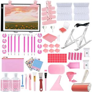 DNSGOOR 244Pcs All Inclusive Diamond Art Accessories Kit Diamond Painting A3 LED Light Pad Set with Diamond Art Sealer Glue Stand Storage Case Pens 5D Painting Tools for DIY Drill Craft, Pink