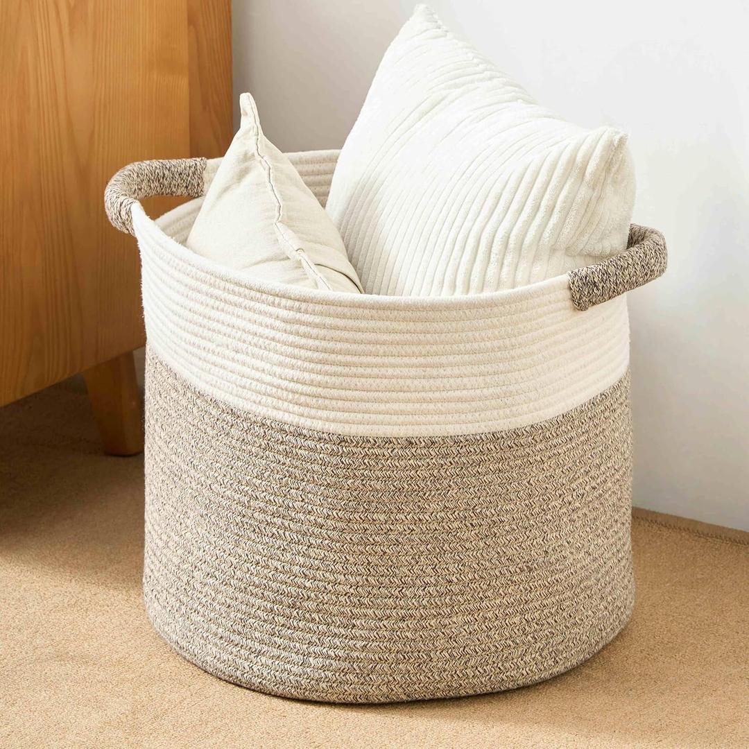 Blanket Basket - Woven Round Rope Storage Basket (16"Wx14"H) for Blankets & Throws, Small Laundry & Toy Organizer, Decorative Living Room & Bedroom Cotton Basket - White & Brown
