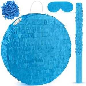 Blue Round Pinata with Stick Blindfold Confetti DIY Blank Pinata for Boys Kids Birthday Party Supplies Carnivals Halloween Christmas Decorations