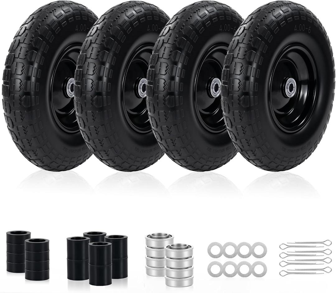 4PC 13" 4.00-6 Tire and Wheel Flat Free, Universal 5/ 8" Bearings & Extra 3/ 4" Bearings, 300lbs Load Capacity, 4.00-6 Tire Replacement for Gorilla Carts and Other Garden Carts, Wheelbarrows, Trolleys.