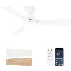 Ceiling Fans with Lights and Remote, 42 Inch Ceiling Fan with Light, Low Profile, Reversible, Dimmable LED, Flush Mount, Quiet, DC Motor, White Ceiling Fan for Bedroom, Kitchen, Dining Room
