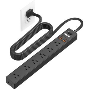 10 Ft Power Strip Surge Protector - 7 Outlets 4 USB Ports (2 USB C), Ultra Thin Flat Extension Cord & Flat Plug, 1700 Joules, Wall Mount, Desk Charging Station for Home Office Dorm, Black