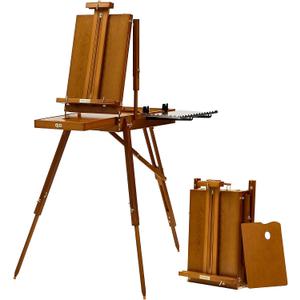 ATWORTH French Easel for Painting, Deluxe Beech Wooden Field & Studio Sketchbox Easel Stand with Metal Side Tray, Portable& Easy Transport for Painting Outdoor, Holds Canvas up to 34"- Light Walnut