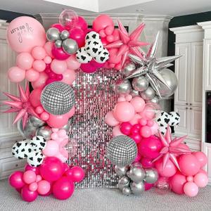 128pcs Disco Cowgirl Party Decorations, Hot Pink Silver Cowgirl Balloon Arch Garlan Kit with Disco Foil Cow Print Balloons for Bachelorette Birthday Party Decorations