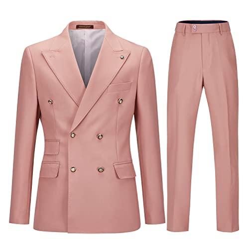 Men's Slim Fit 2 Piece Suit Double Breasted Business Wedding Prom Tuxedo Suits Blazer & Pants Set, Pink, 54/38