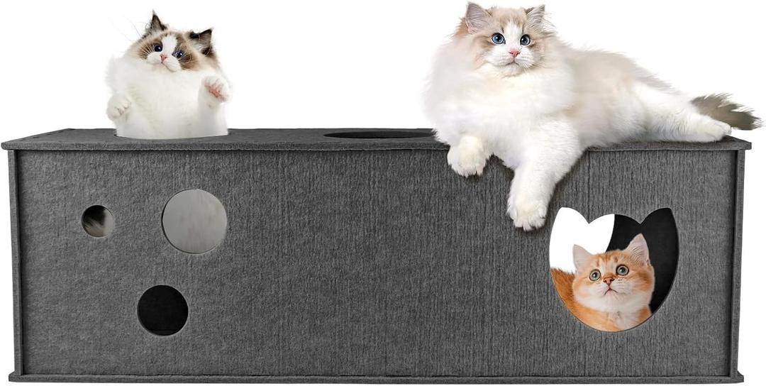 Cat Tunnel for Indoor Cats, DIY Transformable Cat Hideaway Cave, Felt Kitten Play Tubes and Tunnels, Felt Peekaboo Cat Toy with Interactive Peek Holes (Grey, Straight Tunnel)