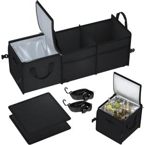 X-cosrack Trunk Organizer with Pack Portable Insulation Cooler Bag-Collapsible Multi-Compartment -Large Capacity Washable Car Storage Bag-To Suit SUV, Truck, Automotive, Any In-vehicle, Black