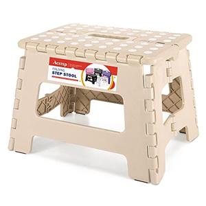 ACSTEP Folding Step Stool - 9 Inch Lightweight Plastic Non-Slip Foldable Stool for Kitchen, Bathroom, Bedroom - Khaki