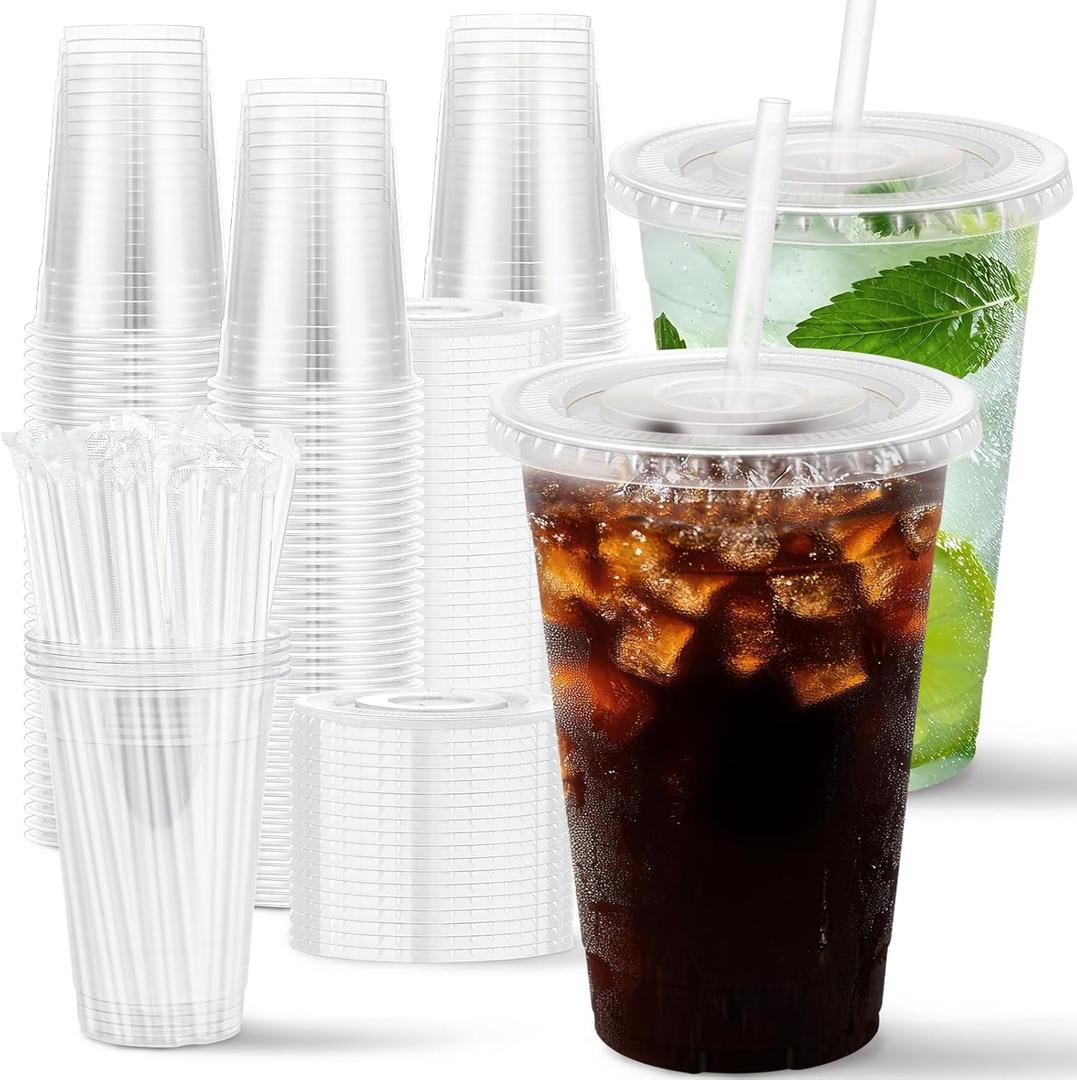 100 Pack 16 oz Disposable Plastic Cups with Lids and Straws, Clear Party Coffee Cups for Cold Beverages, Smoothies, Iced Coffee, and Leak-Proof, BPA-Free | Disposable, with Lids and Straws, Party Coffee Cups, for Cold Beverages, Smoothies, Iced Coffee