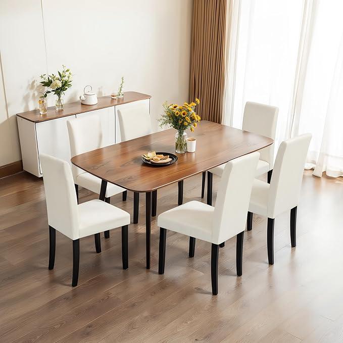 CHUN YI Upholstered Dining Chairs Set of 6, Fabric Dining Room Chairs with Solid Wood Legs, Modern Parson Chairs for Kitchen, Restaurant, Hotel, Ivory White