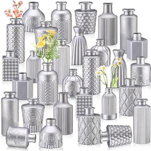 Yaomiao 30 Pcs Vases Bulk Colored Flower Glass Bud Vases Valentine Vintage Colored Glass Bottles Colorful Rustic Embossed for Home Wedding Table Decorations Gifts(Silver Series)