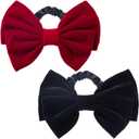 PAGOW 2Pcs Velvet Scrunchies Hair Elastic, Large Bowknot Velvet Hair Ties, Black Red Hair Satin Bow Ties Hair Ponytail Holders Accessories for Girls Women Ladies