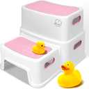 Pink Toddler Step Stool for Toilet, Two Step Stool for Kids Bathroom with Handle for Potty Training, Non-Slip Girls Small Heavy Duty Plastic Stool for Sink Bed Kitchen Counter (White-Pink)