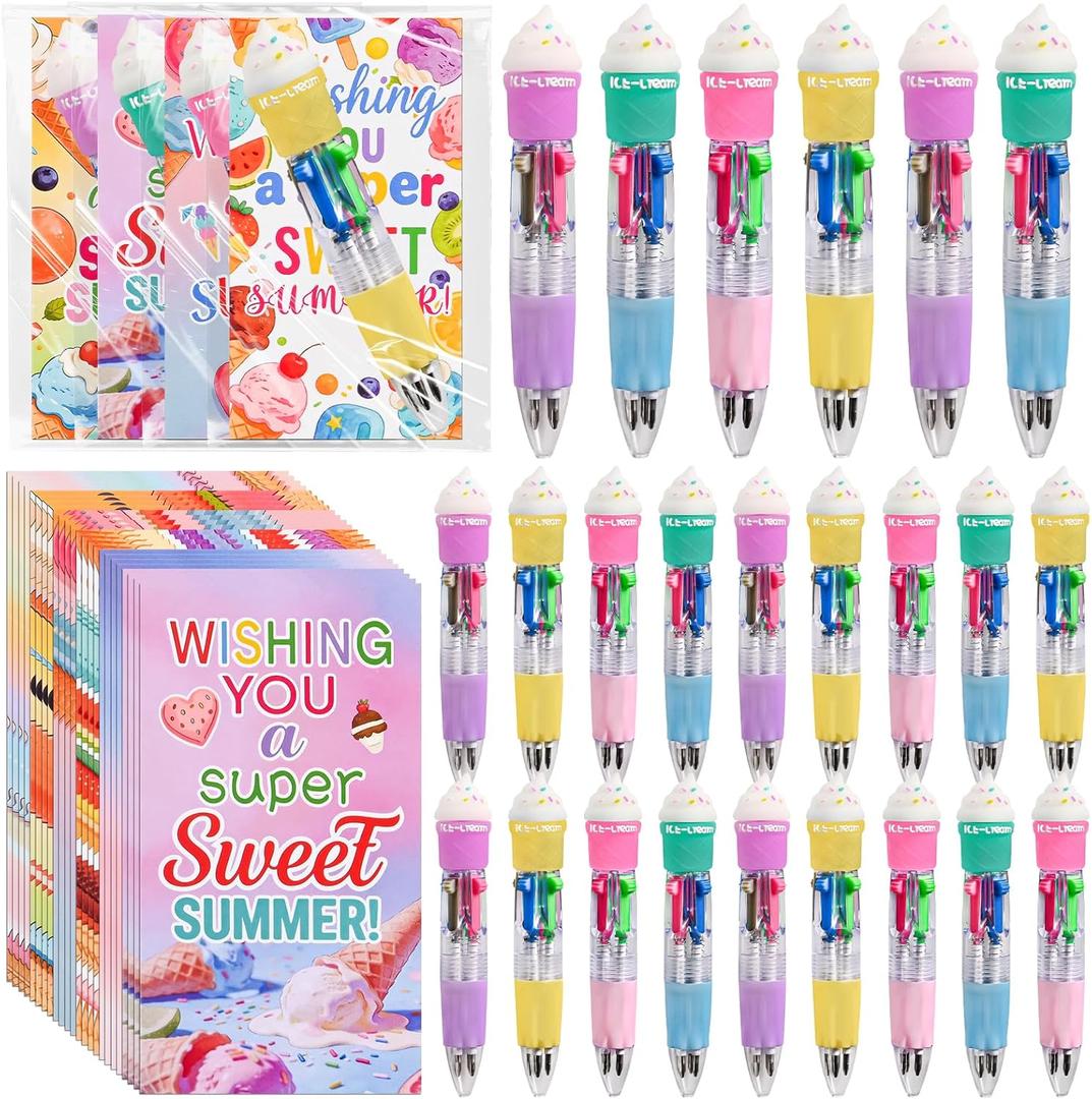 24 Sets End of the Year Gifts from Teacher Ice Cream 4-in-1 Ballpoint Pens with Positive Cards Student Gift from Teacher Bulk End of Year Gifts for Students Congrats Grad Prizes Goodie Bags Stuffers