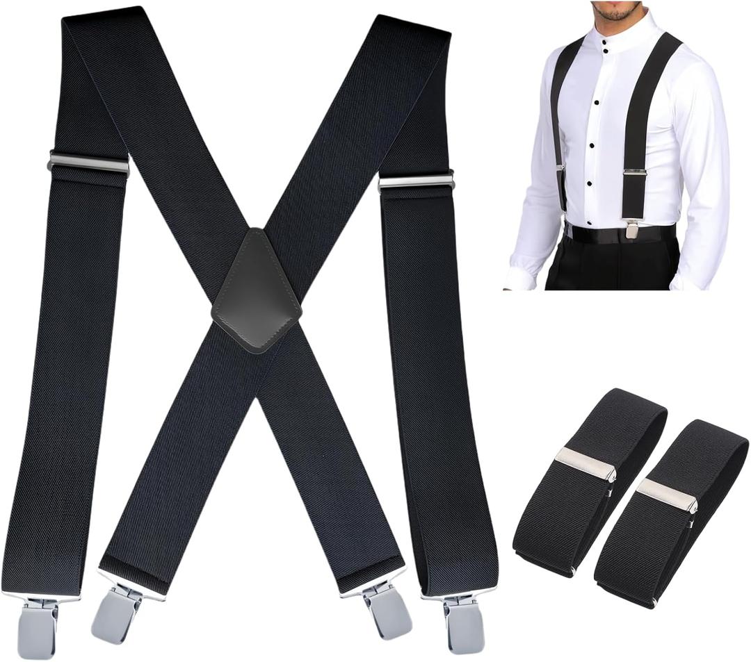 Suspenders For Men Heavy Duty Clip. Men's Suspenders 2'' Wide And 1.4" Suit Armband, X Shape, Work Suspenders For Men (Black)