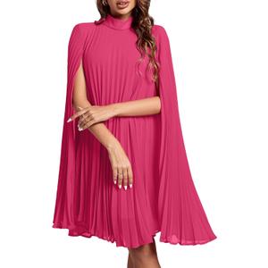 Rooscier Women's Mock Neck Cloak Sleeve Pleated Keyhole Back Flowy Party Midi Dress (X-Large)