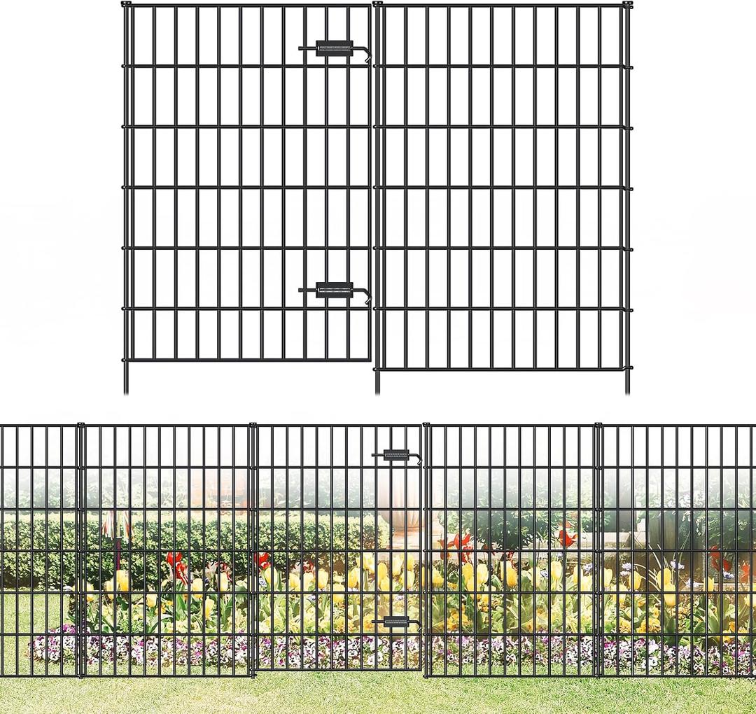 FOREHOGAR Metal Garden Fence with Gate 40in (H) x 23.3ft (L), 1 Gate + 9 Panels Dog Fence Border Fence Animal Barrier, No Dig Garden Fencing for Yard Flower Bed Lawn Patio Outdoor, PIN402810G Black
