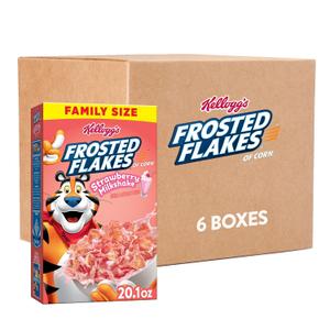 Kellogg's Frosted Flakes Breakfast Cereal, Kids Cereal, Family Breakfast, Family Size, Strawberry Milkshake (6 Boxes), Best By: SEP 03 2025