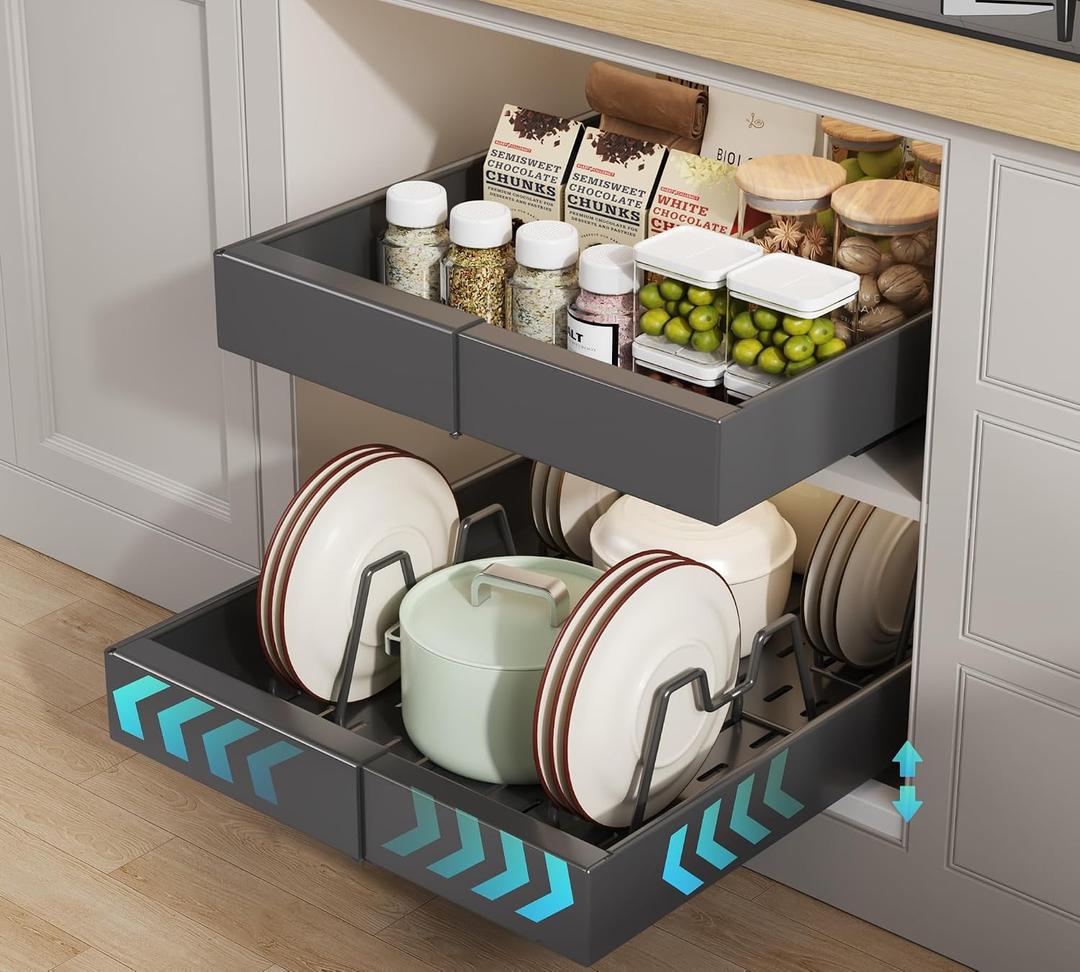 Seinloes 2 Pack Pull out Cabinet Organizer 21" Deep With Raising Pad for Framed Cabinets, Expandable (9"-14" W) Slide out Drawers for Kitchen Cabinets with 4pcs Divider Racks, Roll out Shelves, Black