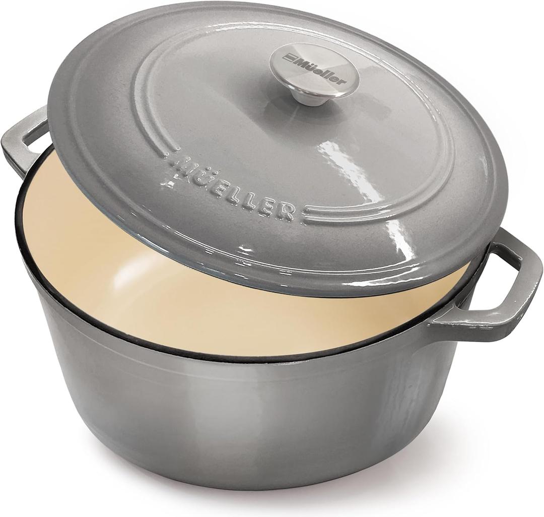 MELLERHOME 4.5 QT Enameled Cast Iron Dutch Oven, Heavy-Duty Casserole Dish and Braiser Pan with Lid and Stainless Knob, Oven-Safe up to 500 F & Across All Cooktops, Grey (Gray)