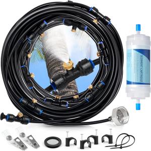 59FT Pre-Assembled Outdoor Misting Cooling System, Nelyeqwo Patio Misters with Water Filter 20 Brass Nozzles 3/4" Adapter Outdoor Misters for Patio Garden, Greenhouse, Trampoline, Backyard, Porch