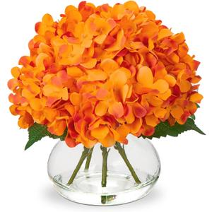 Hollyone Hydrangea Artificial Flowers in Vase Orange Silk Fake Flowers Arrangements with Glass Vase with Faux Water Faux Floral Bulk Bouquet for Office Table Centerpiece Shelf Home Decoration