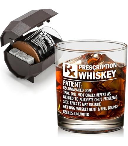 WelDesine Prescription Whiskey Glass, Funny Rocks Glass & Bourbon Barrel Set for Brother Boyfriend Father Husband Coworker on Christmas & Birthday, White Elephant Cool Gag Gifts for Men
