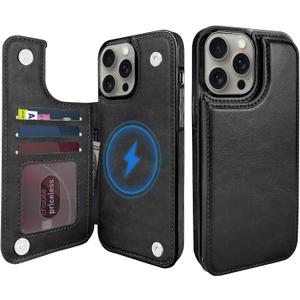 Wallet Case for iPhone 15 Pro Max 6.7", Compatible with MagSafe, Wireless Charging, Leather Card Holder Kickstand Protective Cover Magnetic Phone Flip Case-Black