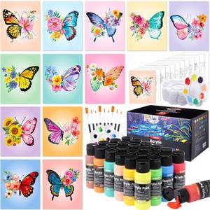 12 Set Paint and Sip Kit for Adults 8"x 10" Pre Drawn Canvas for Painting DlY Acrylic Paint Set with Brushes, 24 Colors(60ml, 2oz) for Date Night Party Supplies(Butterfly)