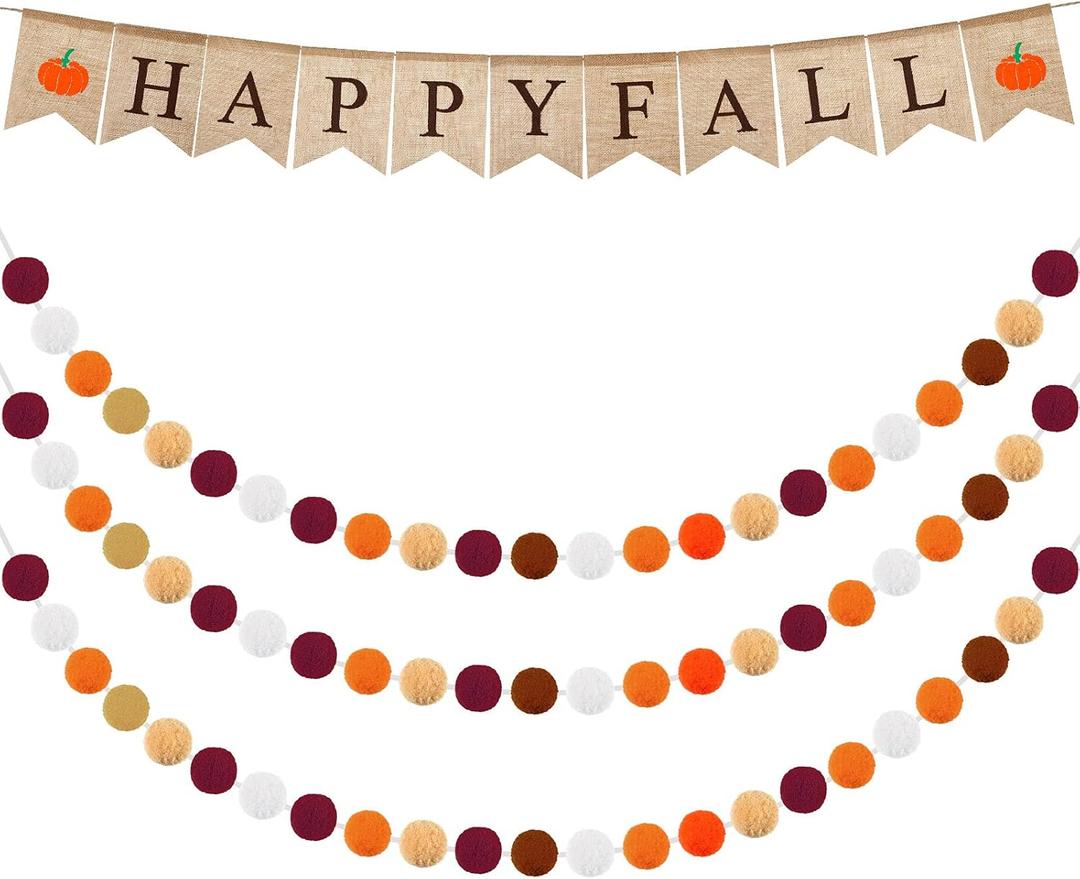 Tatuo Happy Fall Burlap Banner with 3 Pieces Fall Pom Pom Garland Wool Felt Ball Garland Thanksgiving Decoration for Harvest Time Autumn Theme Party Thanksgiving Supplies (Classic Style)