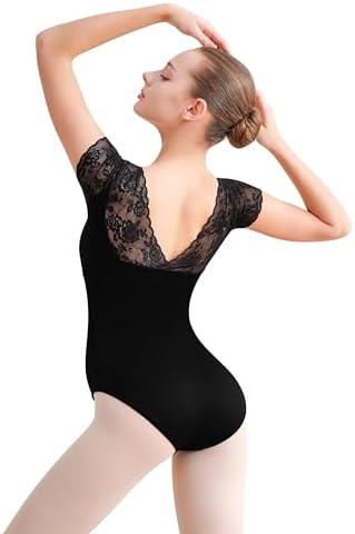 Tegmk Women Lace Short Sleeve Ballet Dance Leotard, Full Front Lining, Open Back, Size M